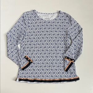 Talbots Navy and White Geometric Long Sleeve Top